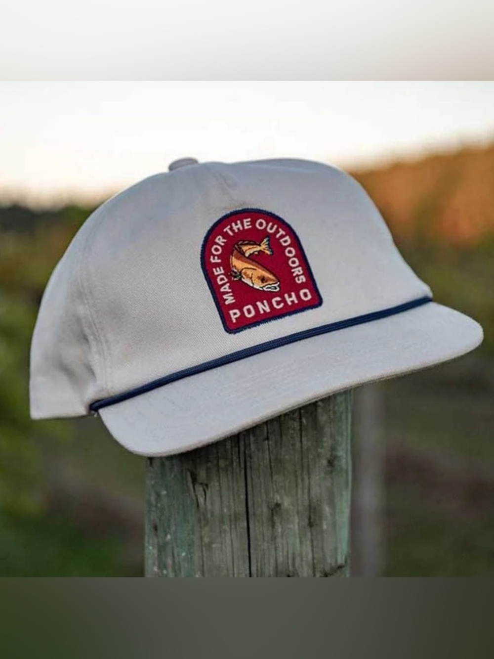 Poncho Outdoors Redfish Rope Hat Beige Navy Fish Patch Unisex One Size Dad